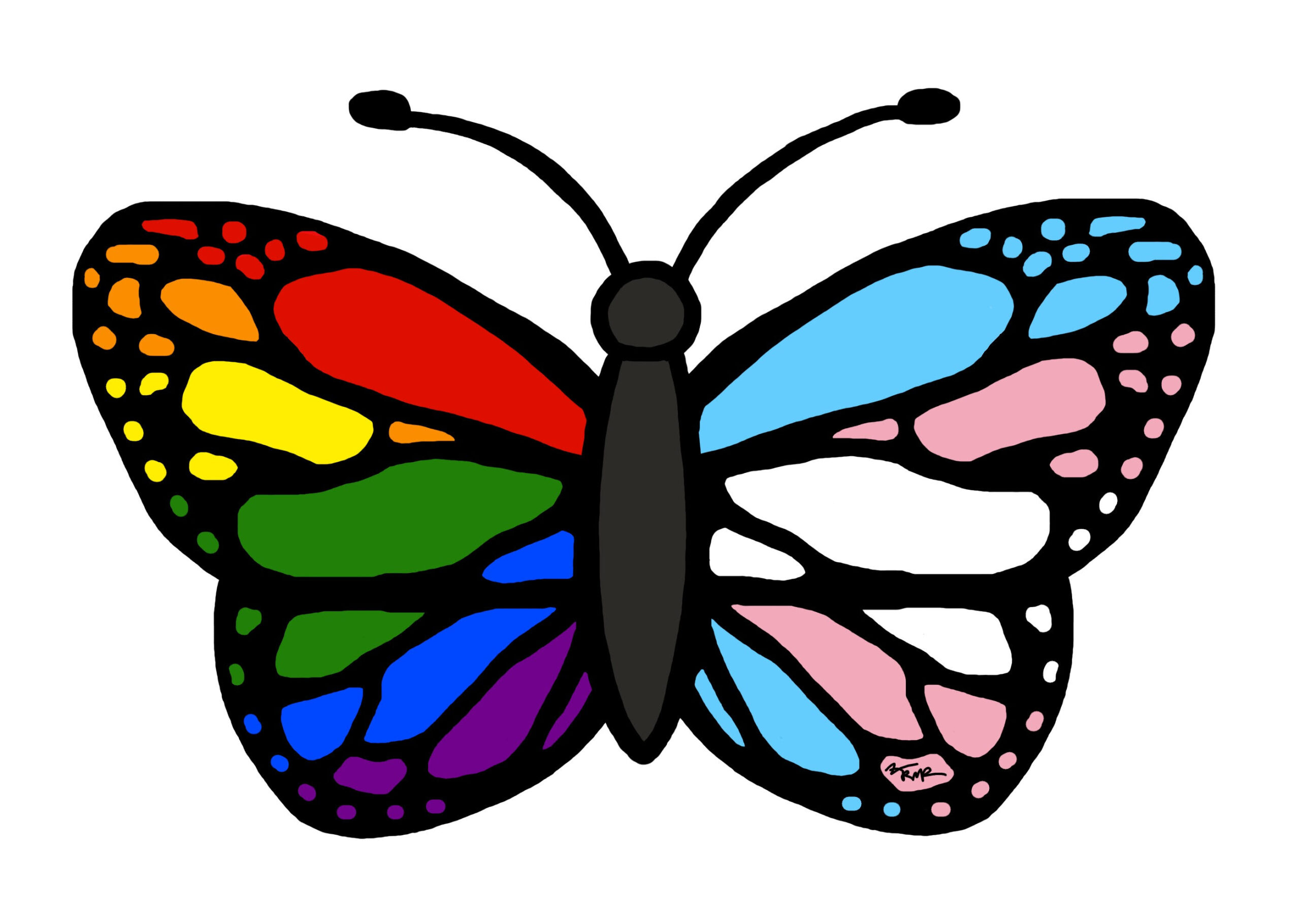 group logo - a butterfly with a rainbow wing and another wing in the trans flag colors