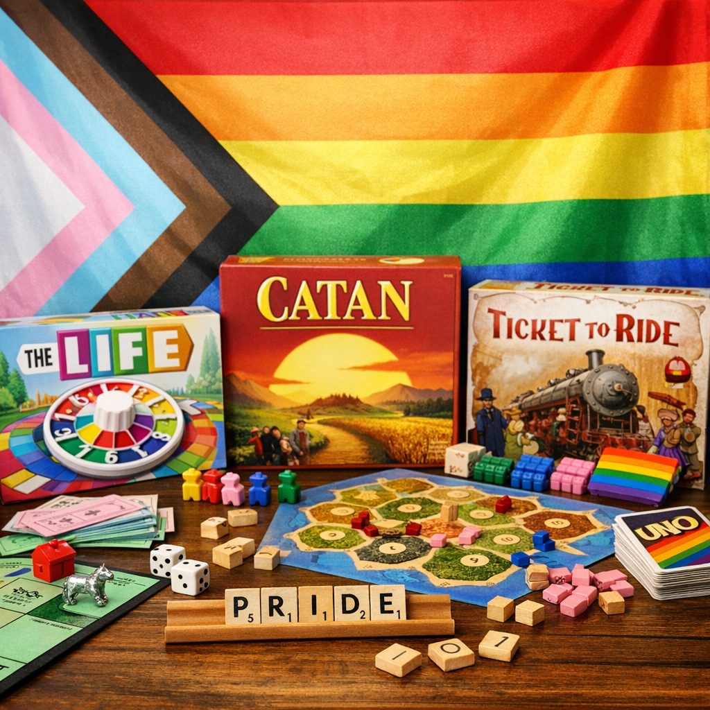 pride flag behind board games